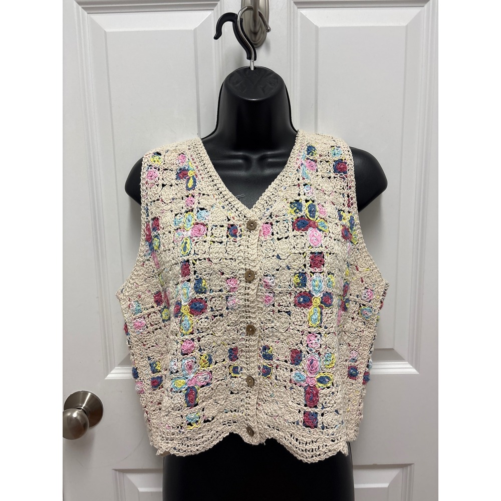 Nicole Miller Crochet Vest Cream Multicolor Floral Embroidered Boho
 S